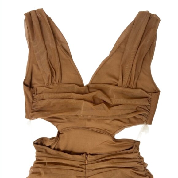 Akira Brown Ruched Mesh Midi Dress S Sleeveless Bodycon Formal Party - Picture 8 of 13